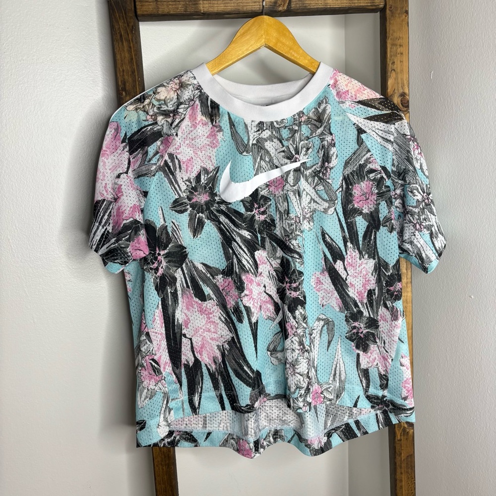 Nike Sportswear Short Sleeve Top Mesh Floral Logo Shirt Blue Size L